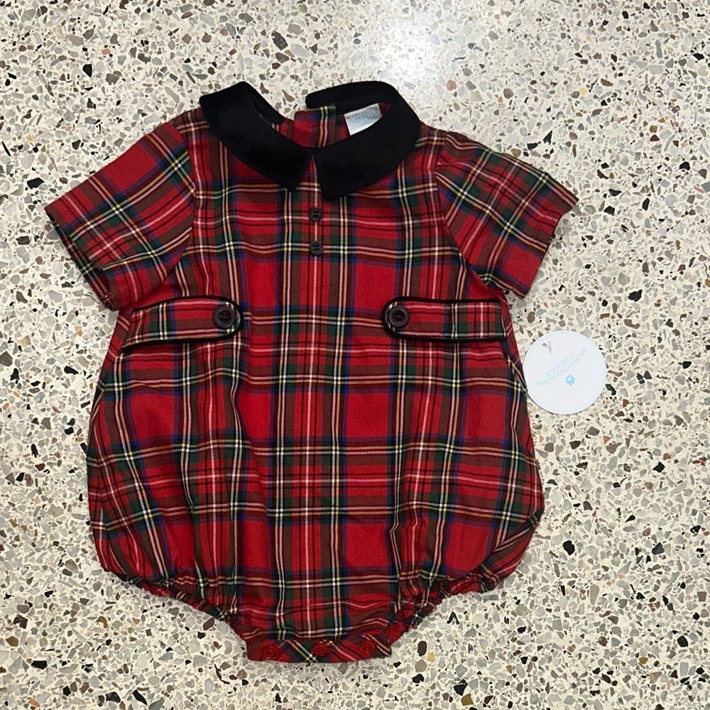 NWT Edgehill Collection red tartan holiday plaid romper black velvet trim 6 mo